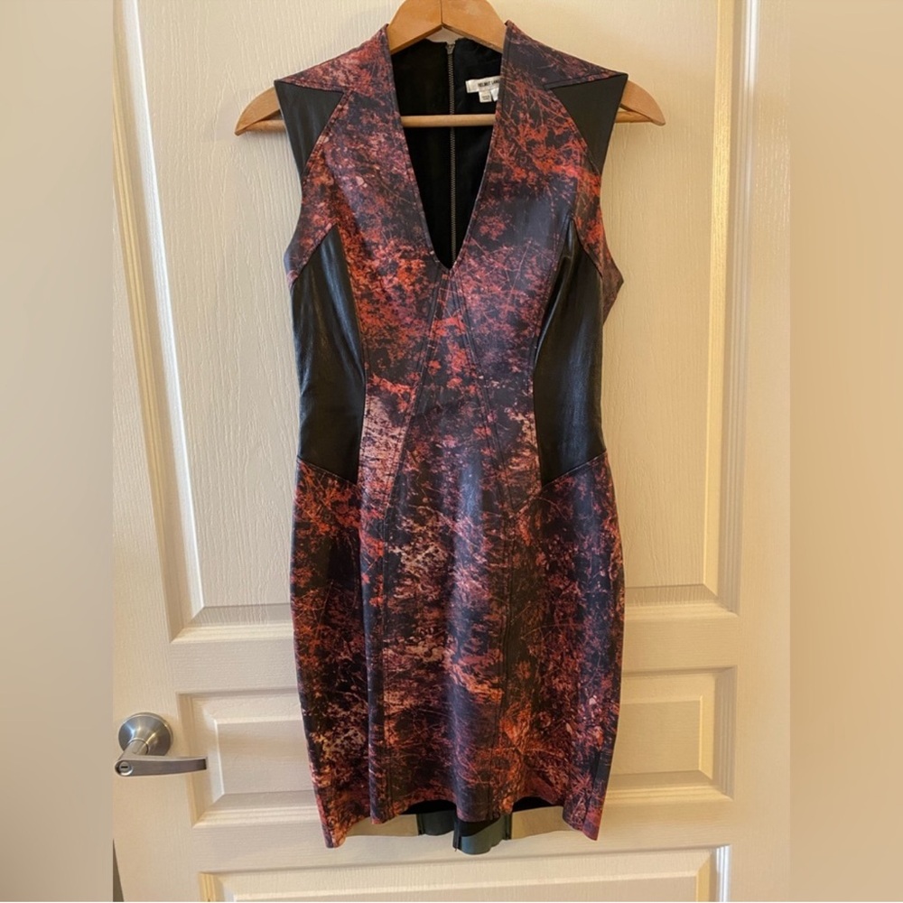 HELMUT LANG Midnight Floral Print Paneled Leather V-Neck Sleeveless Dress